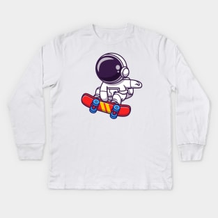 Cute Astronaut Playing Skateboard Cartoon Kids Long Sleeve T-Shirt